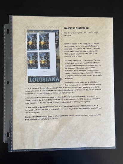 4 Louisiana Staehood Stamps Mint Plate Block 2012 USA Forever Stamps with Collector Sheet
