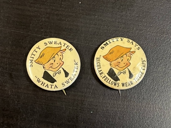 (2) 1930's "Smitty" Sweaters Adv. Buttons