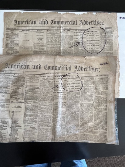 (2) 1865 Civil War Lincoln Assassination Related Newspapers