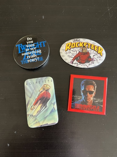 Terminator 2, Twilight Zone & Rocketeer Group of (4) Pin-Backs