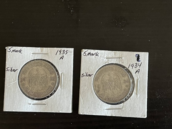Two (1934A and 1935A) German Silver 5 Mark Coins