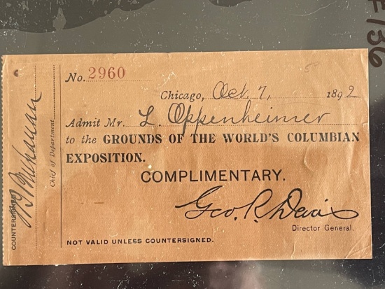 1892 Columbian Expo Complimentary Ticket/Pass.