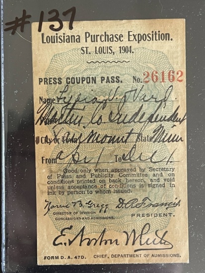 1904 St. Louis Exposition Press Pass Coupon.