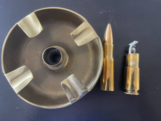 WWII Trench Art Ashtray with Cigarette Lighter Bullet.