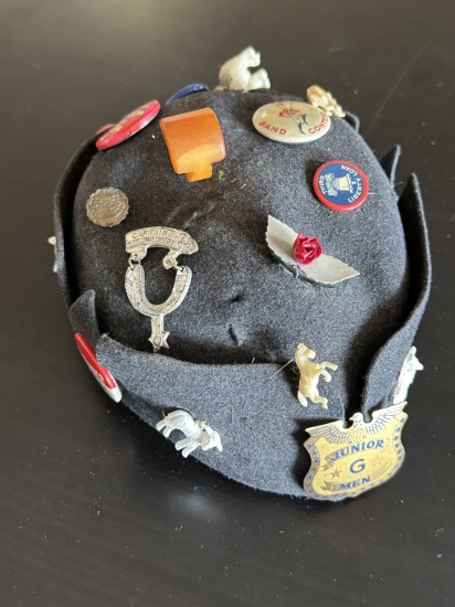 Great WWII Kid's "Beanie" with Pins, Buttons, Etc.