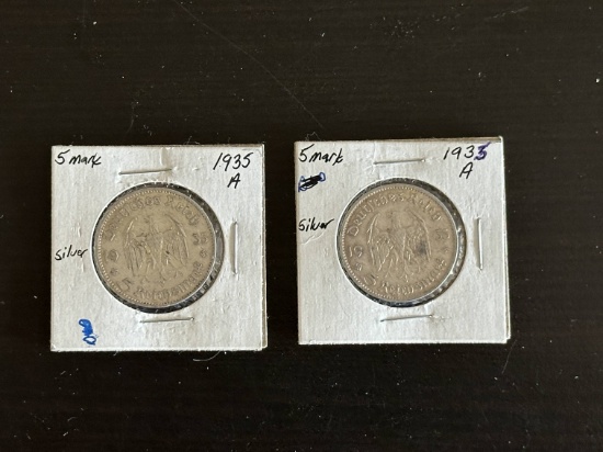 (2) 1935 A German 5 Mark Silver Coins.
