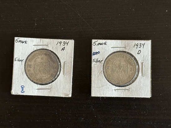 Two (1934 A and 1934 D) German 5 Mark Silver Coins.