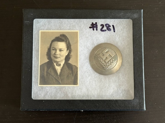 German WWII Women's RAD Brooch and ID Photo. Steel brooch/badge.