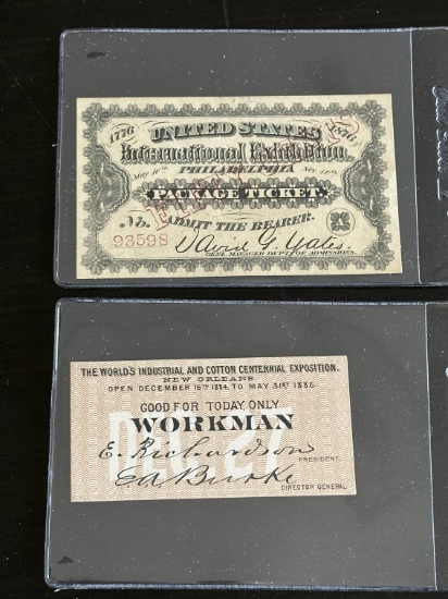 1884 Cotton Expo and 1876 U.S. Int'l Exhibition Tickets.