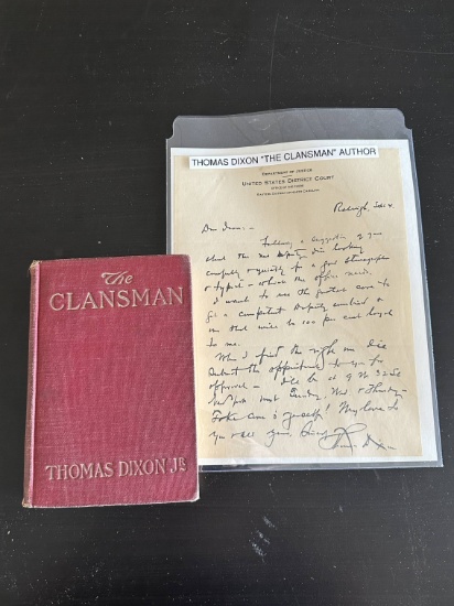 1907 "Clansman" Hardcover Book and Author Signed Letter. Rare!