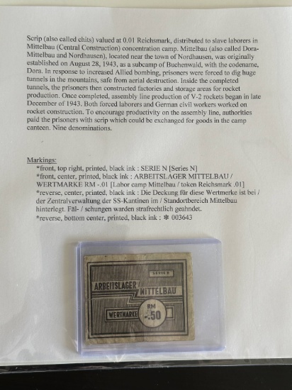 Mittelbau-Nordhausen Concentration Camp Currency Note.