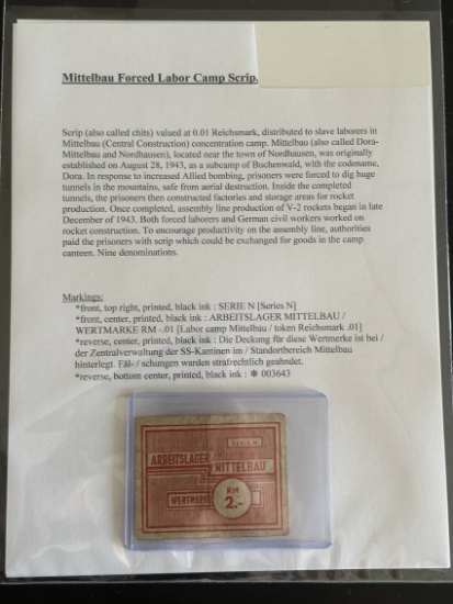 Mittelbau-Nordhausen Concentration Camp Currency Note.