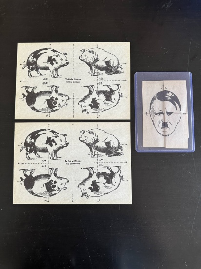 (3) Vintage WWII Propaganda Flyers of Pigs Being Turned Into Hitler, 2 are Completey Unused, 1 Folde