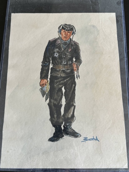 Vintage Watercolor Illustration WWII Panzer Soldier.
