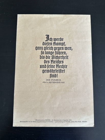 1939 German A.H. Quote NSDAP Propaganda Poster