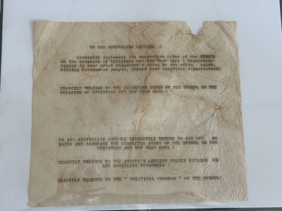 Vietnam War Pre-Tet Offensive Propaganda Leaflet.