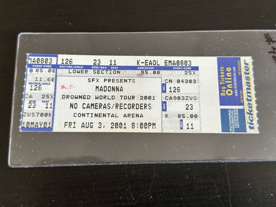 2001 Madonna Unused Full Ticket with Stub.