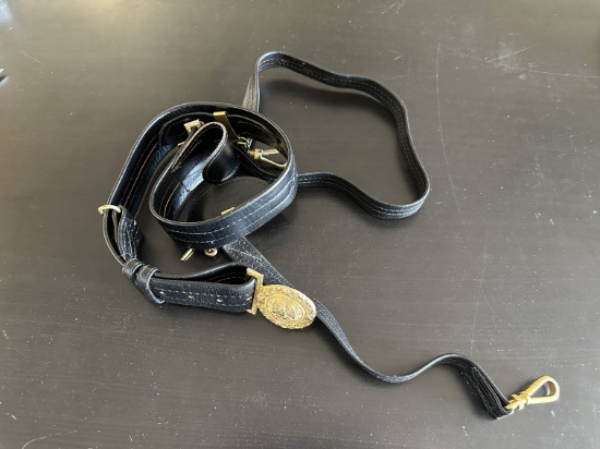 Vintage Blsck Leather Military Belt Gold Buckle with Eagle See Pics