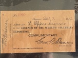 1892 Columbian Expo Complimentary Ticket/Pass.