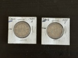 Two (1934 A and 1934 J) German 5 Mark Silver Coins.