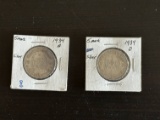 Two (1934 A and 1934 D) German 5 Mark Silver Coins.