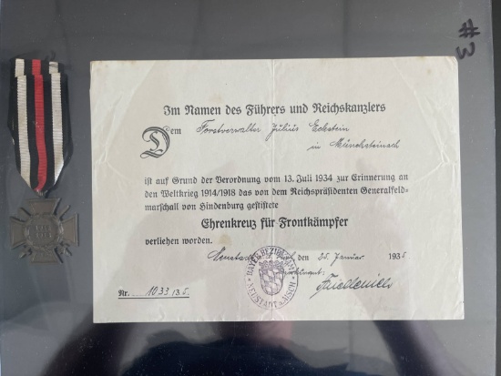 WWI German Hindenburg Cross with Swords and Award Document