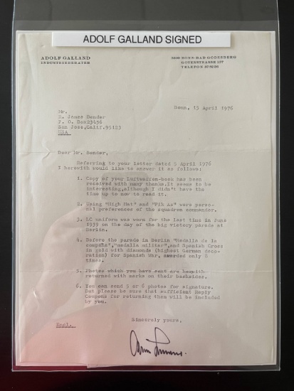 WWII German Ace Adolf Galland Signed Letter