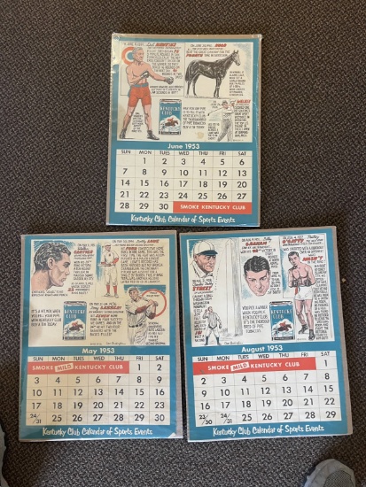 (3) 1953 Kentucky Club Tobacco Calendar Pages with Sport Cartoons