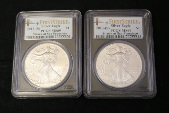 Pair Of 2013-(s) Silver Eagles First Strike San Francisco Ms69
