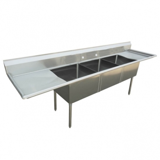 "New" US Stainless USS3C162012-18LR 84" 3 Comp S/S Sink w/(2) MDB's, Faucet (Retails New $1,350.00)