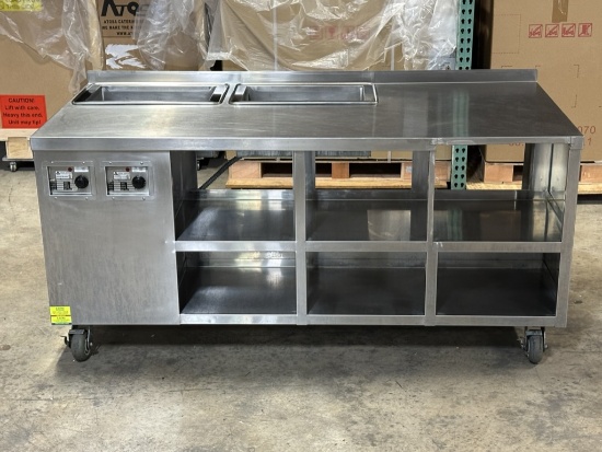 Atlas Metal 78"W All S/S Enclosed Cabinet Work Table w/2comp. Electric Drop-In Warmer on Casters