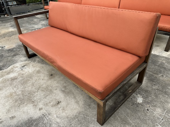 Wooden Sofa Bench w/Textile Cushions Used Outdoors (1) 69"W w/6-Outdoor Cushions w/1-Right Arm Rest