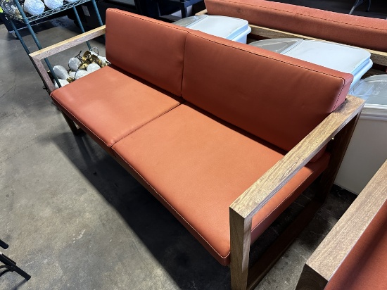 Wooden Sofa Bench w/Textile Cushions Used Indoors 72-3/4"W w/(4) Outdoor Cushions w/(2) Arm Rest