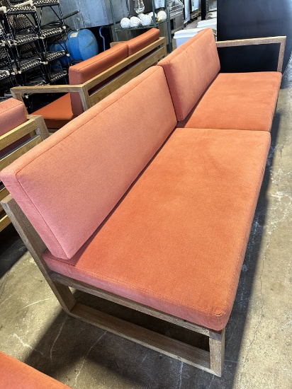 Wooden Sofa Bench w/Textile Cushion Seats/Backs Used Indoors Including: 98-1/2"W x 29.5"D x 27.5"H