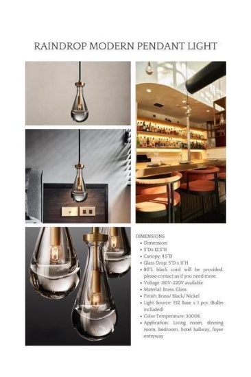 RH Raindrop Modern Pendant Lights Brass,Glass 5"D x 12.5"H ($800+ ea New)