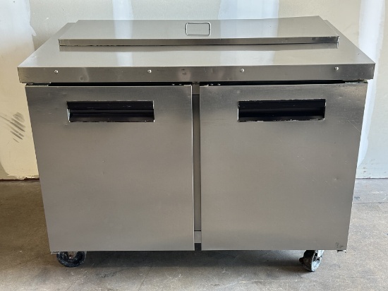 Hoshizaki SR48A-12 2 Door 48”W Stainless Steel Refrigerated Sandwich Prep Table on Casters