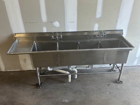 Jero Manufacturing, Inc. 100.5”W 4 Compartment All Stainless Steel Sink w/Leftside Molded Drainboard