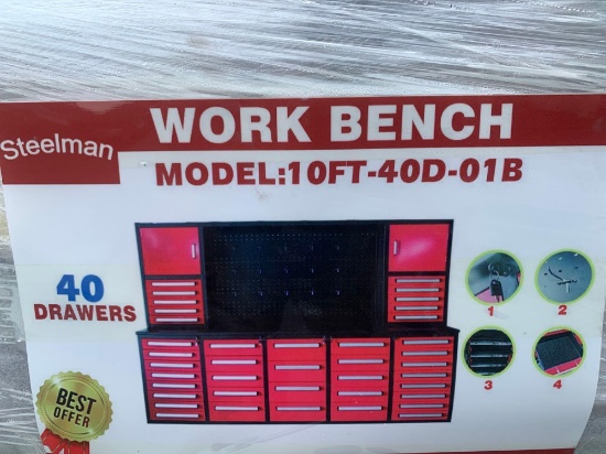 Unused 2022 Steelman H10FT-40D10 FT Work Bench with 40 Drawers - RED