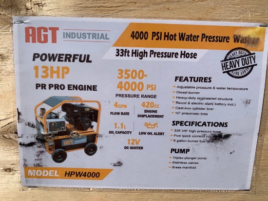 UNUSED AGT HPW4000 4000 PSI HOT WATER PRESSURE WASHER