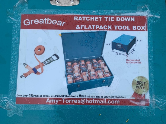 UNUNED QTY OF RATCHET TIE DOWNS AND FLATPACK TOOLBOX