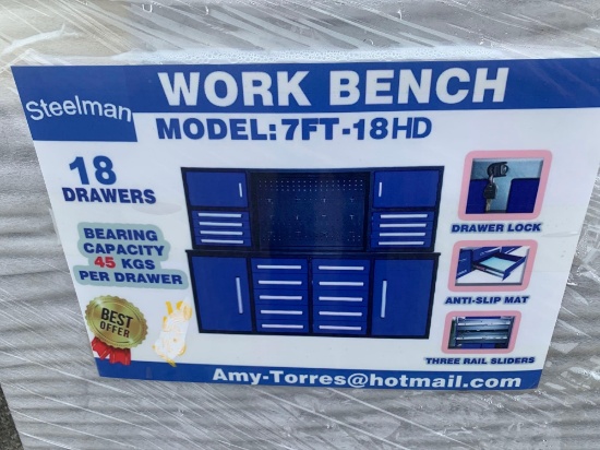 Unused 2022 Steelman 7 FT Work Bench with 18 Drawers