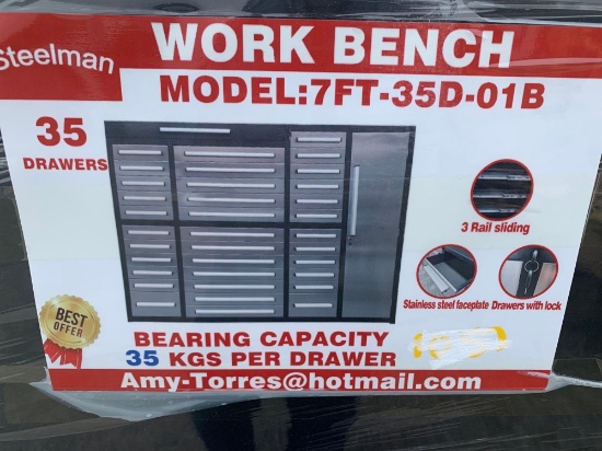 Unused 2022 Steelman 7FT Work Bench with 35 Drawers & 1 Cabinets