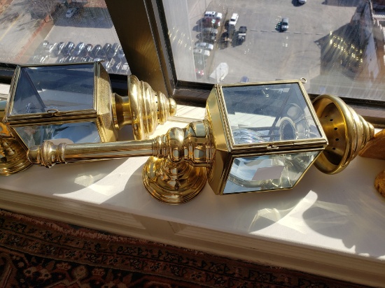 Brass gas lantern style wall sconces, wall mount, electrified, Pair