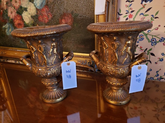 Antiqued gilt wood/plaster vases, Pair