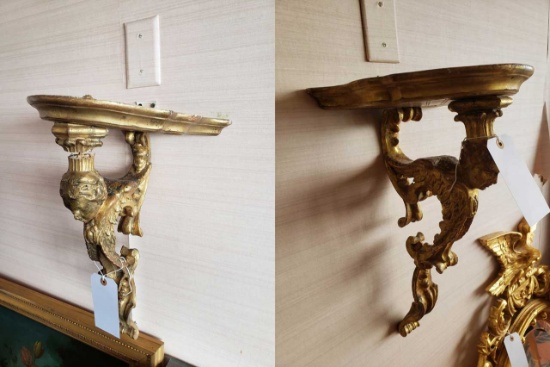 Antique gilt wood wall sconces, angel motif , both need repair, needs removal, Pair