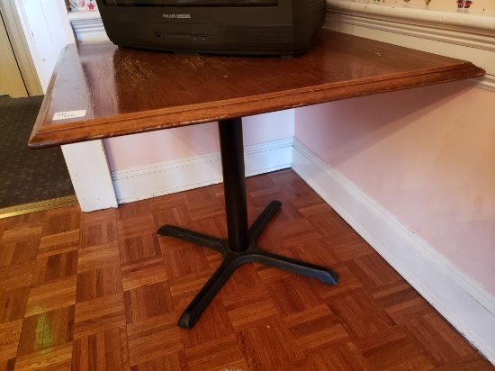 Wood top table, Metal base 3' square x 30" tall - ex Overlook dining room