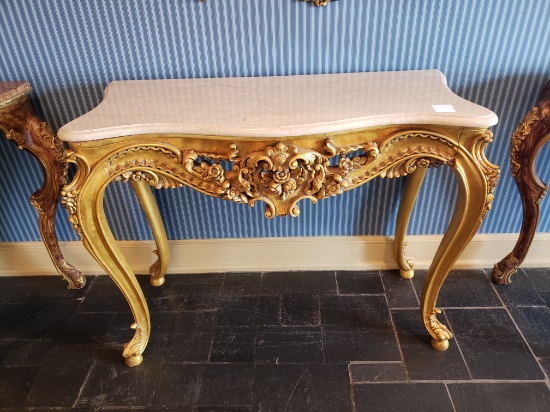 Hall Stand, gilt French Empire/Rococo style, with white marble top broken in two, 3'5" x 1'5" x 2'8"