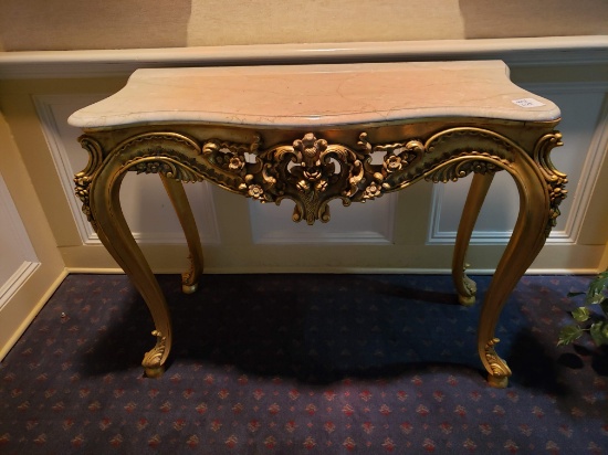 Hall Stand, gilt Rococo/French Empire style, with white marble top, 3'5" x 1'5" x 2'8"