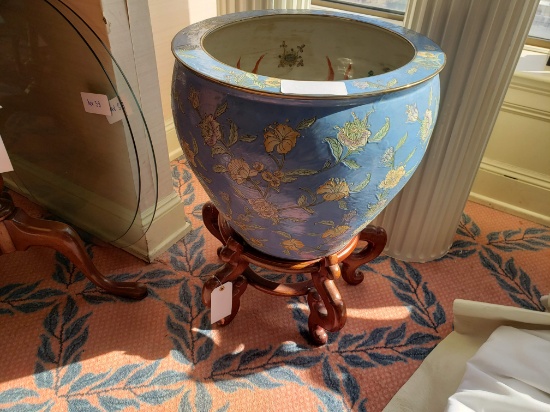 Large Chinese planter urn, blue, with stand, 1'10" round x 2'5" tall