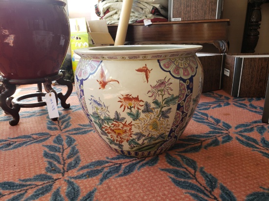 Oriental planter urn, flowers and butterflies